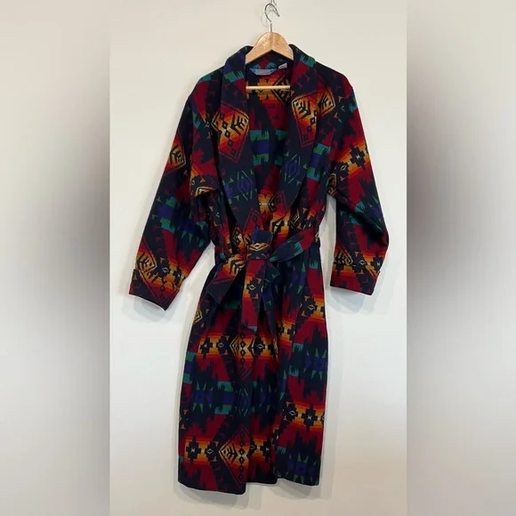 Pendleton Long Wool Jacket Shawl Collar Robe in Chief Joseph Aztec Design - Picture 2 of 16